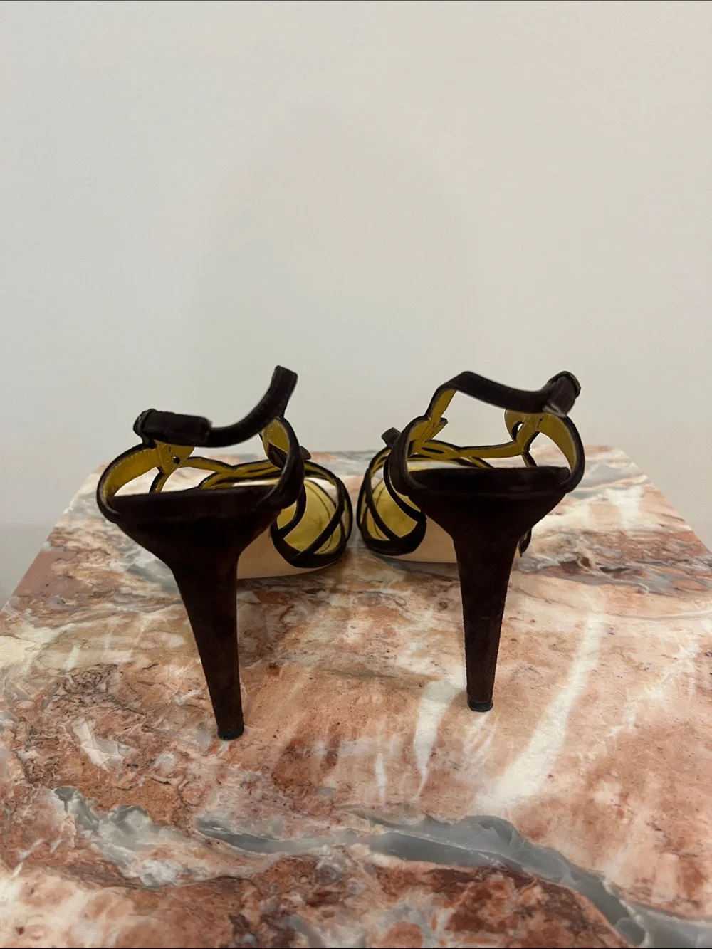 Manolo Blahnik Chocolate Brown Suede Strappy Heels with Gold Insole